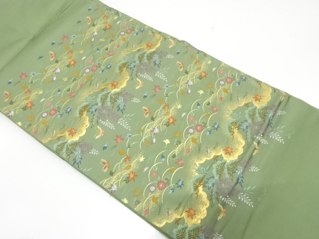 JAPANESE KIMONO / UNUSE NAGOYA OBI / SILK / BUTTERFLY & PINE & WISTERIA & AUTUMN FLOWERS
